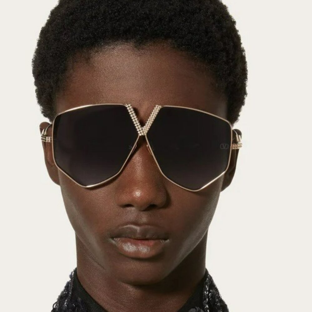 Valentino Women BRAND NEW Sunglasses Titanium Gold Grey Oversized Aviator